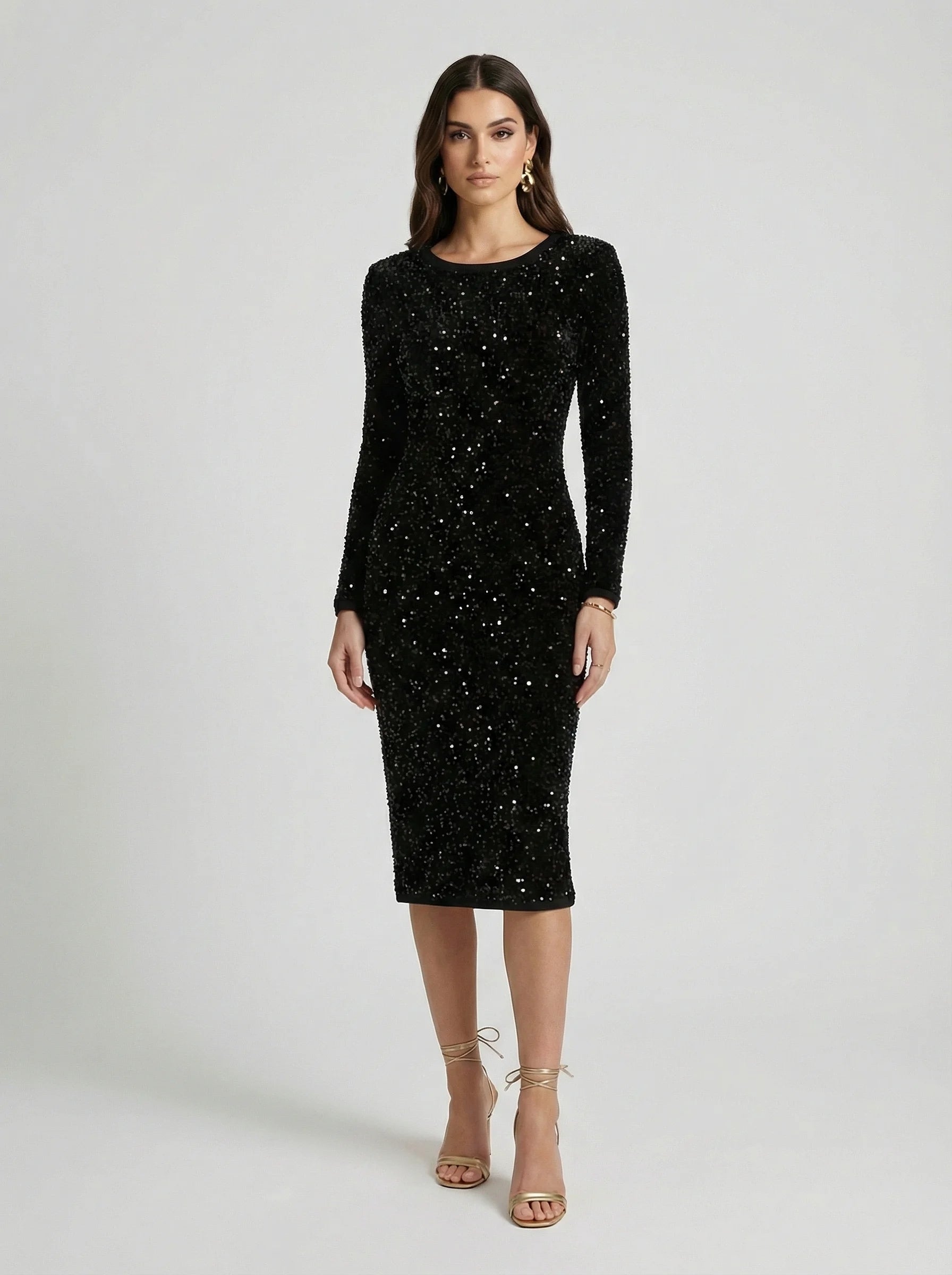 Women Sequin Midi Dress | Long Sleeve Bodycon Design