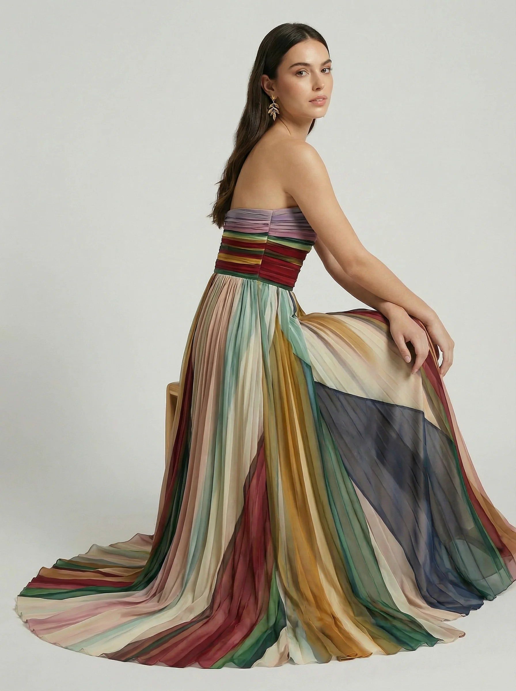 Women Strapless Maxi Dress | Pleated Colour Block Design