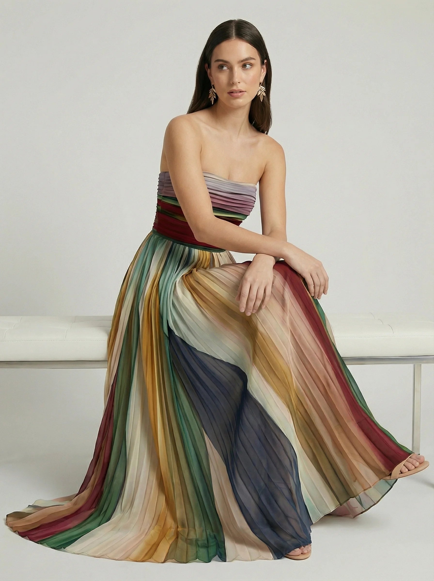 Women Strapless Maxi Dress | Pleated Colour Block Design