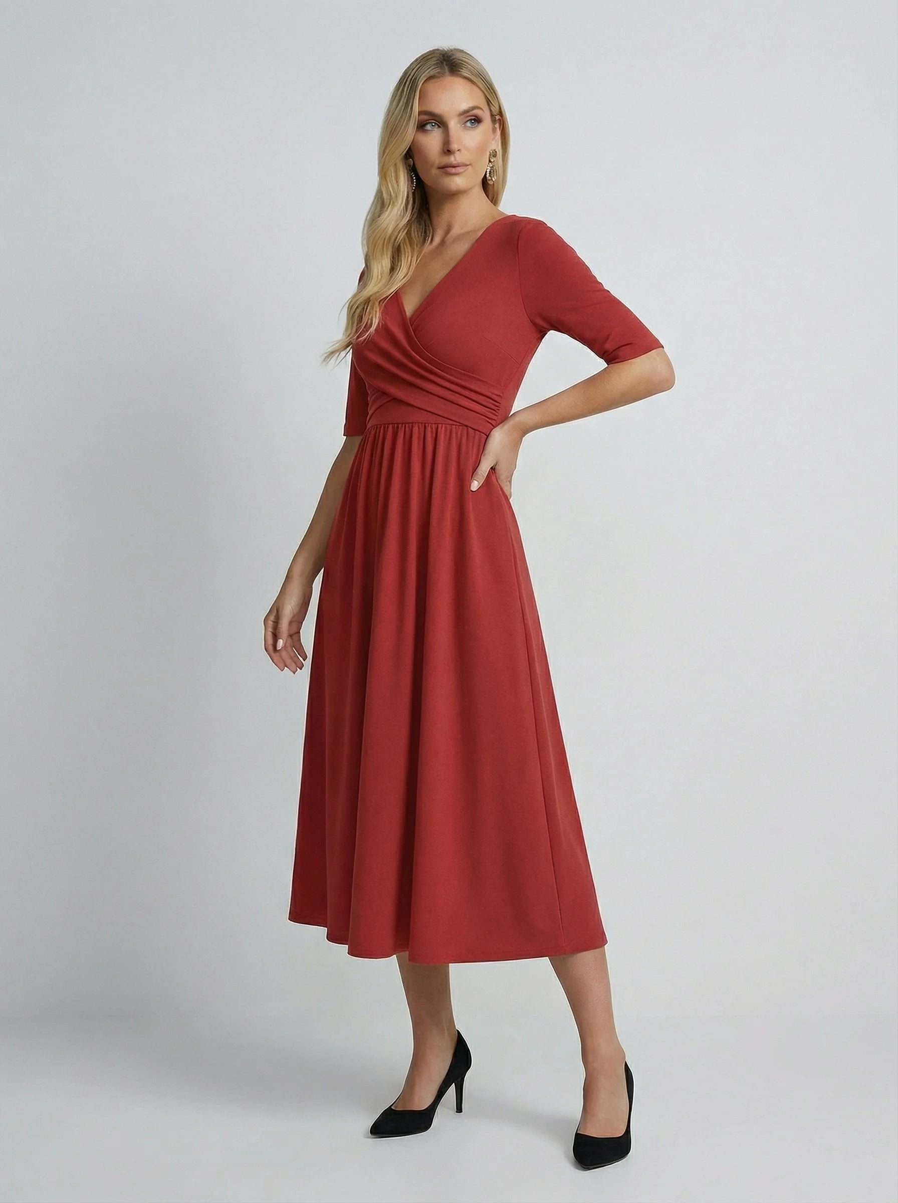 V Neck Midi Dress | Wrap Bodice Design