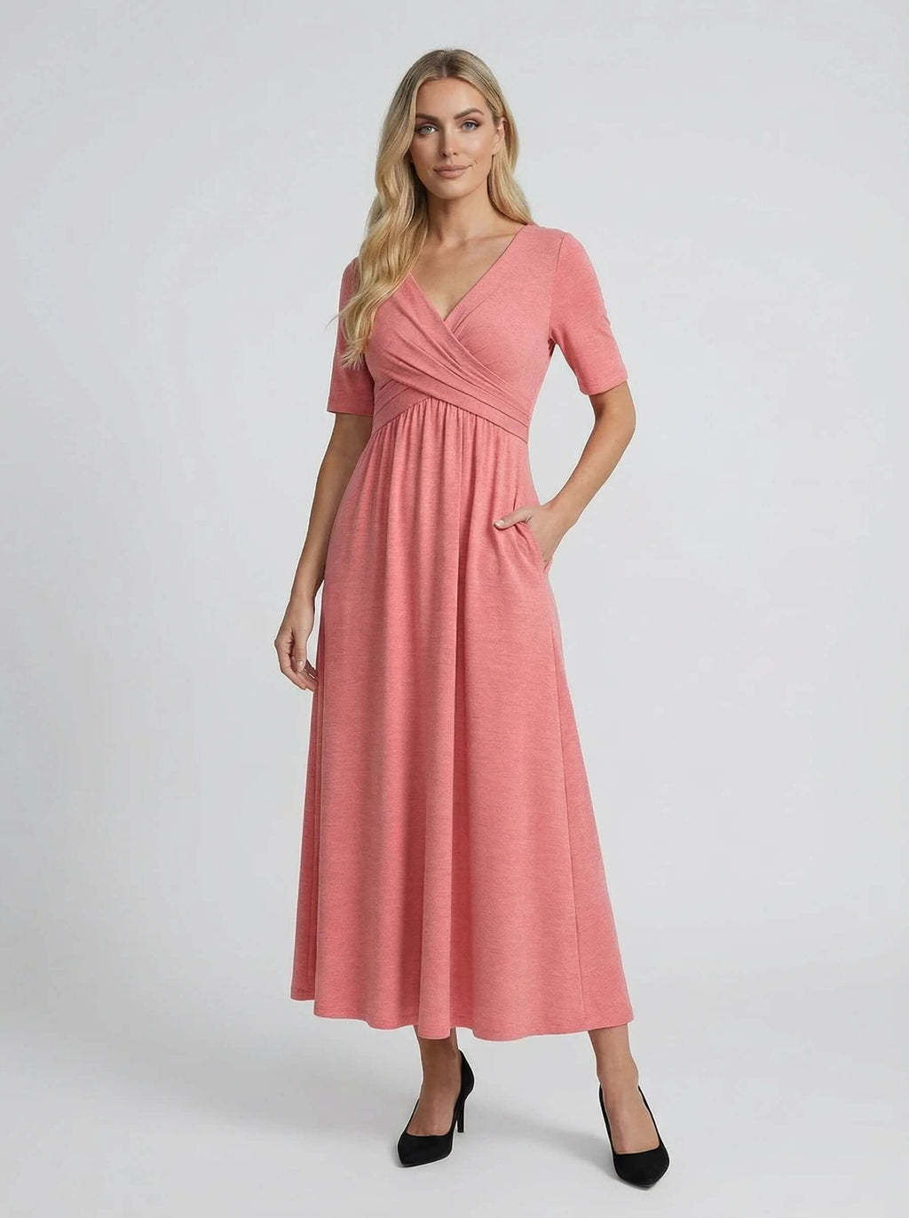 V Neck Midi Dress | Wrap Bodice Design-Women Dress-Eltrendio