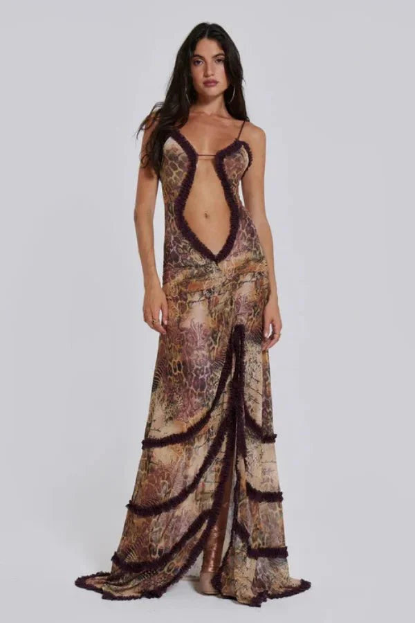 Abigail | Women’s Printed Maxi Dress | Cut Out Spaghetti Strap Holiday Wear-Women Dress-Eltrendio