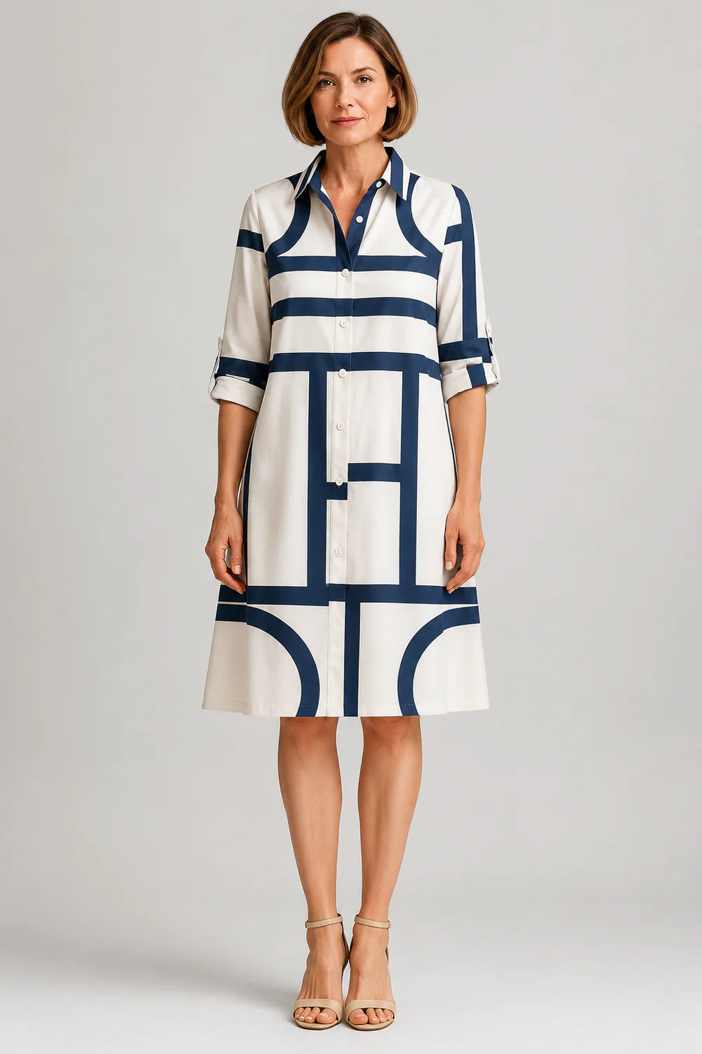 Amelia | Women's Geometric Print Shirt Dress | Button Front Midi Wedding Guest Dress