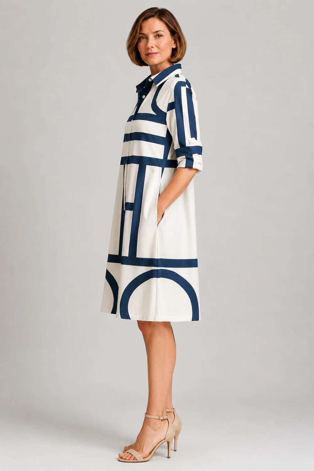 Amelia | Women's Geometric Print Shirt Dress | Button Front Midi Wedding Guest Dress