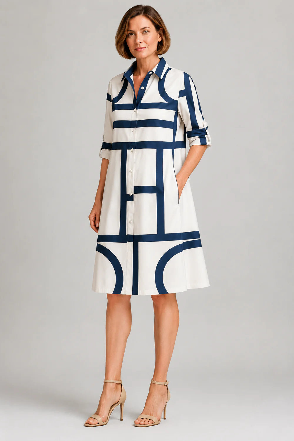 Amelia | Women's Geometric Print Shirt Dress | Button Front Midi Wedding Guest Dress