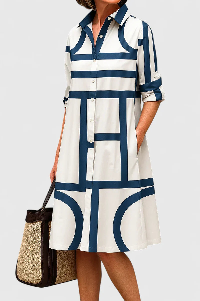 Amelia | Women's Geometric Print Shirt Dress | Button Front Midi Wedding Guest Dress