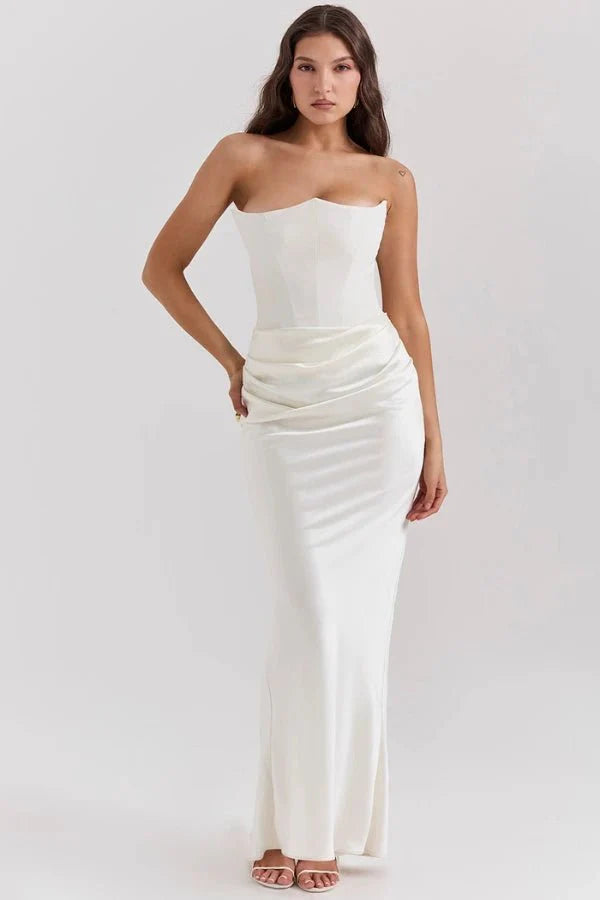 Amelia | Women’s Strapless Maxi Dress | Draped Detail Panel Bodice Evening Dress-Women Dress-Eltrendio