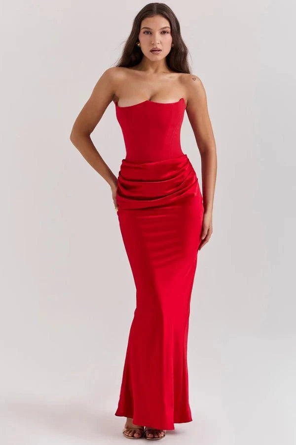 Amelia | Women’s Strapless Maxi Dress | Draped Detail Panel Bodice Evening Dress-Women Dress-Eltrendio