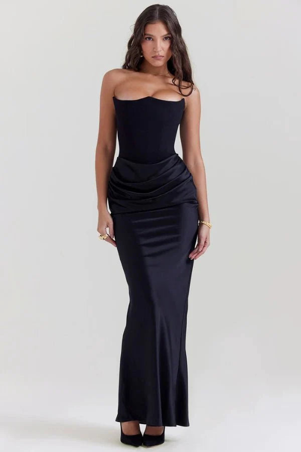 Amelia | Women’s Strapless Maxi Dress | Draped Detail Panel Bodice Evening Dress-Women Dress-Eltrendio