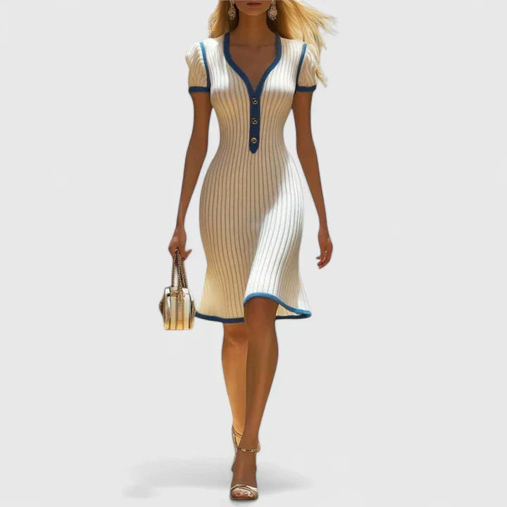 Arabella | Women's Ribbed Knit Midi Dress | Button Front Garden Party Dress-Women Dress-Eltrendio
