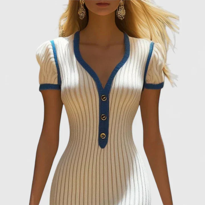 Arabella | Women's Ribbed Knit Midi Dress | Button Front Garden Party Dress-Women Dress-Eltrendio