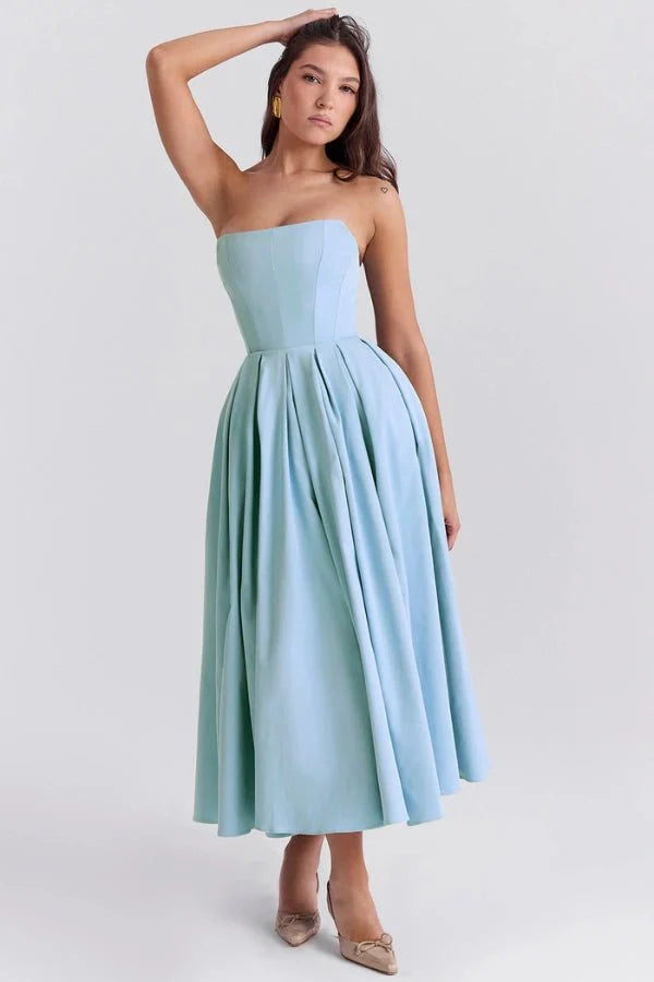 Audrey | Women’s Strapless Midi Dress | Pleated Skirt Wedding Guest Wear-Women Dress-Eltrendio