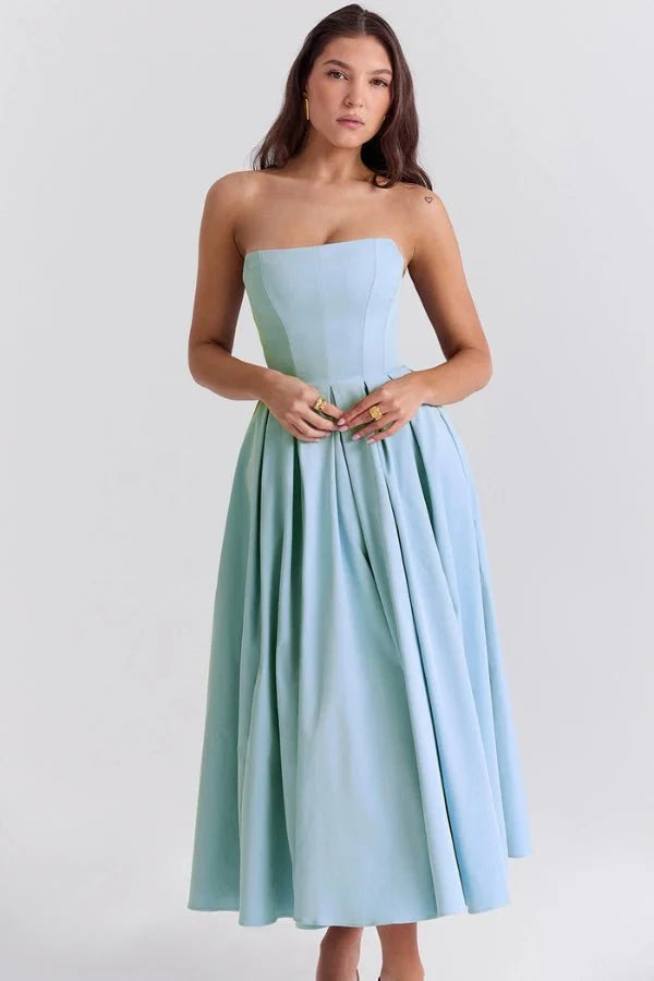 Audrey | Women’s Strapless Midi Dress | Pleated Skirt Wedding Guest Wear-Women Dress-Eltrendio