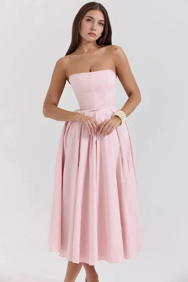 Audrey | Women’s Strapless Midi Dress | Pleated Skirt Wedding Guest Wear-Women Dress-Eltrendio