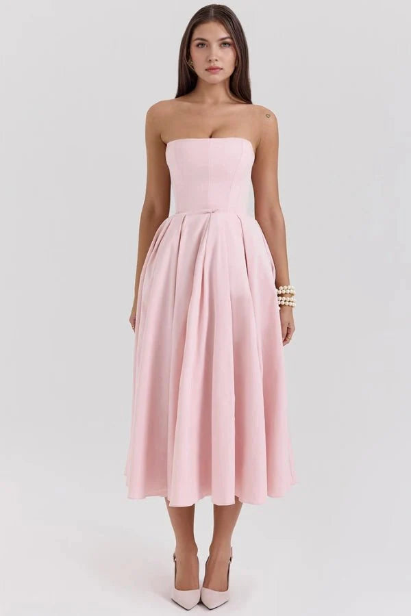 Audrey | Women’s Strapless Midi Dress | Pleated Skirt Wedding Guest Wear-Women Dress-Eltrendio