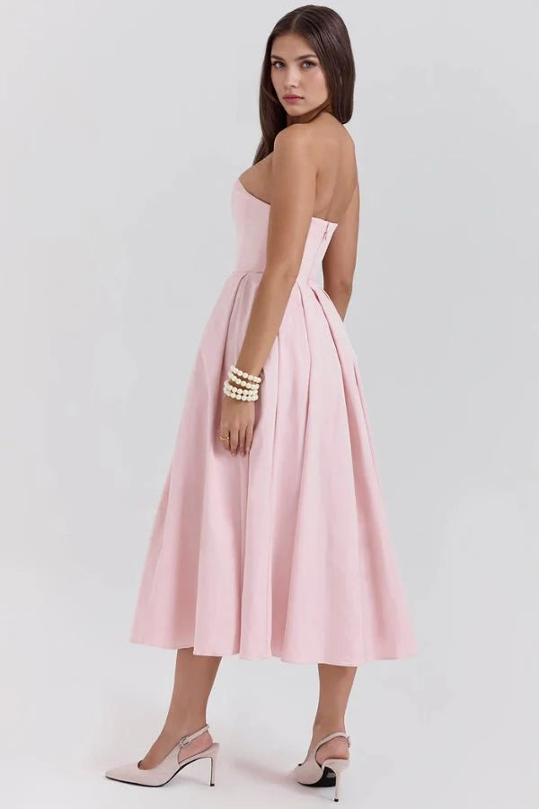 Audrey | Women’s Strapless Midi Dress | Pleated Skirt Wedding Guest Wear-Women Dress-Eltrendio