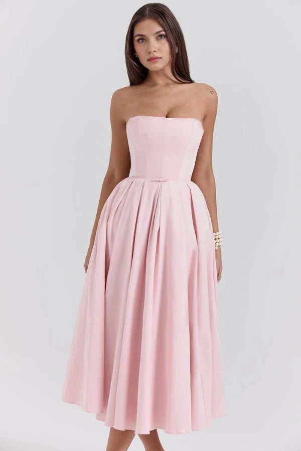 Audrey | Women’s Strapless Midi Dress | Pleated Skirt Wedding Guest Wear-Women Dress-Eltrendio