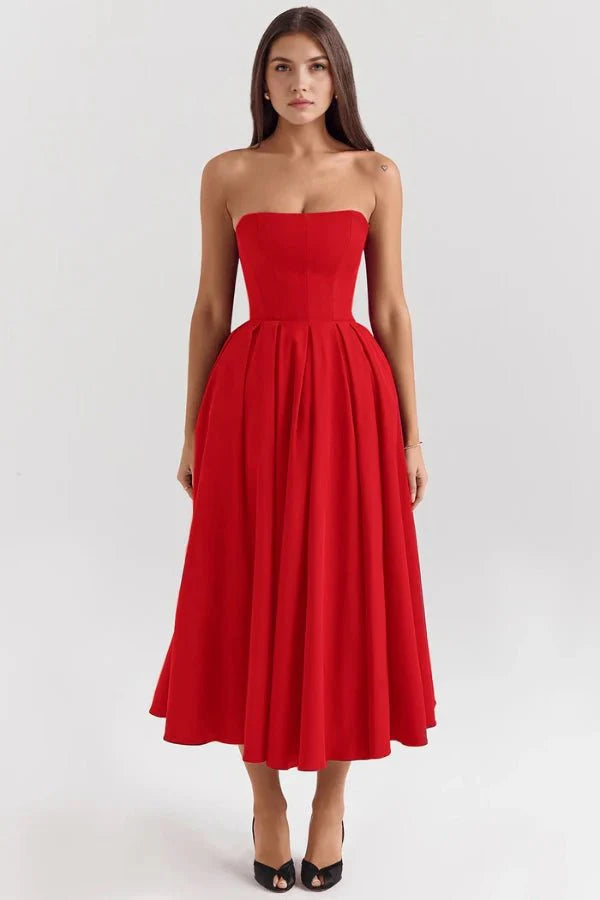 Audrey | Women’s Strapless Midi Dress | Pleated Skirt Wedding Guest Wear-Women Dress-Eltrendio