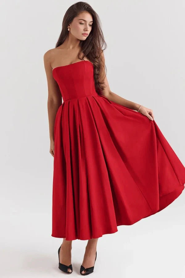Audrey | Women’s Strapless Midi Dress | Pleated Skirt Wedding Guest Wear-Women Dress-Eltrendio