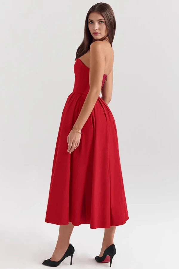 Audrey | Women’s Strapless Midi Dress | Pleated Skirt Wedding Guest Wear-Women Dress-Eltrendio