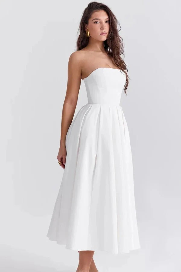 Audrey | Women’s Strapless Midi Dress | Pleated Skirt Wedding Guest Wear-Women Dress-Eltrendio