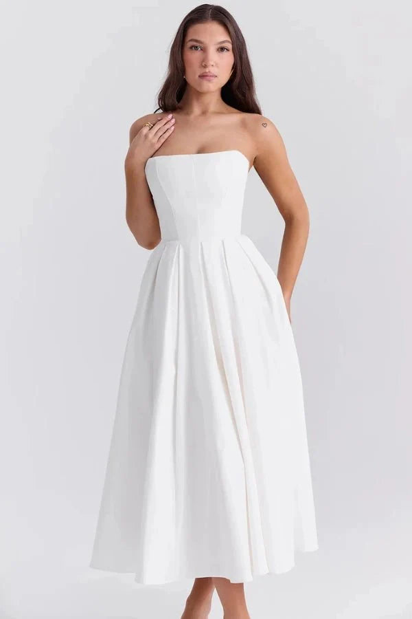 Audrey | Women’s Strapless Midi Dress | Pleated Skirt Wedding Guest Wear-Women Dress-Eltrendio