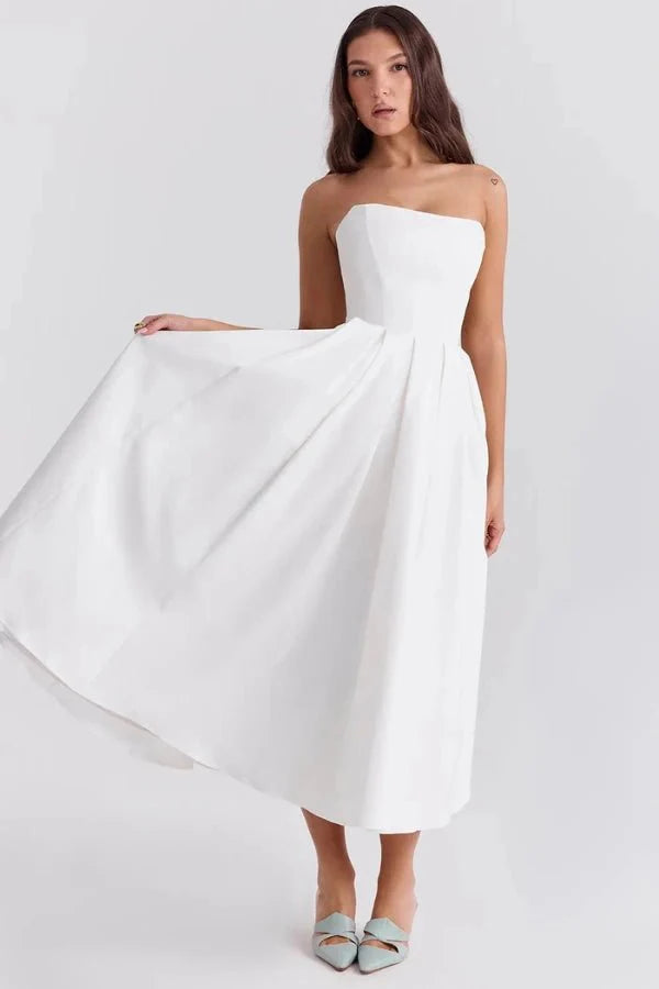 Audrey | Women’s Strapless Midi Dress | Pleated Skirt Wedding Guest Wear-Women Dress-Eltrendio