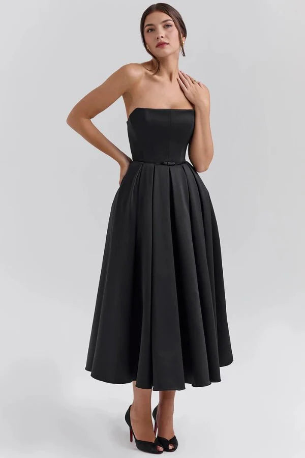 Audrey | Women’s Strapless Midi Dress | Pleated Skirt Wedding Guest Wear-Women Dress-Eltrendio