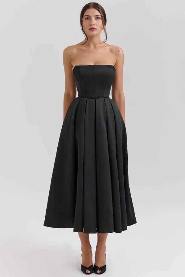 Audrey | Women’s Strapless Midi Dress | Pleated Skirt Wedding Guest Wear-Women Dress-Eltrendio