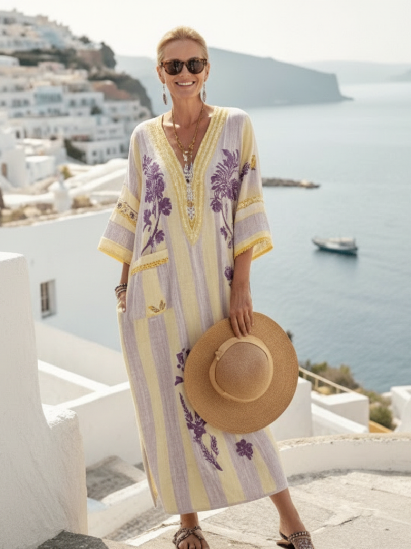 Aurelia | V Neck Half Sleeve Striped Floral Maxi Dress - Image 3