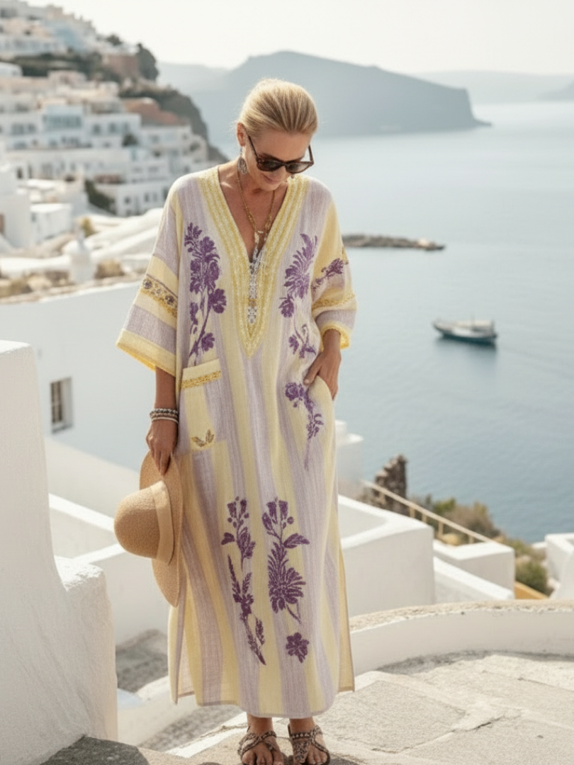 Aurelia | V Neck Half Sleeve Striped Floral Maxi Dress - Image 4