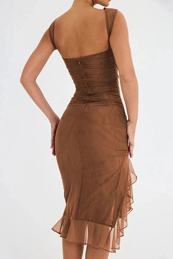 Bethany | Women’s Ruched Midi Dress | Sleeveless Asymmetric Hem Occasion Wear-Women Dress-Eltrendio