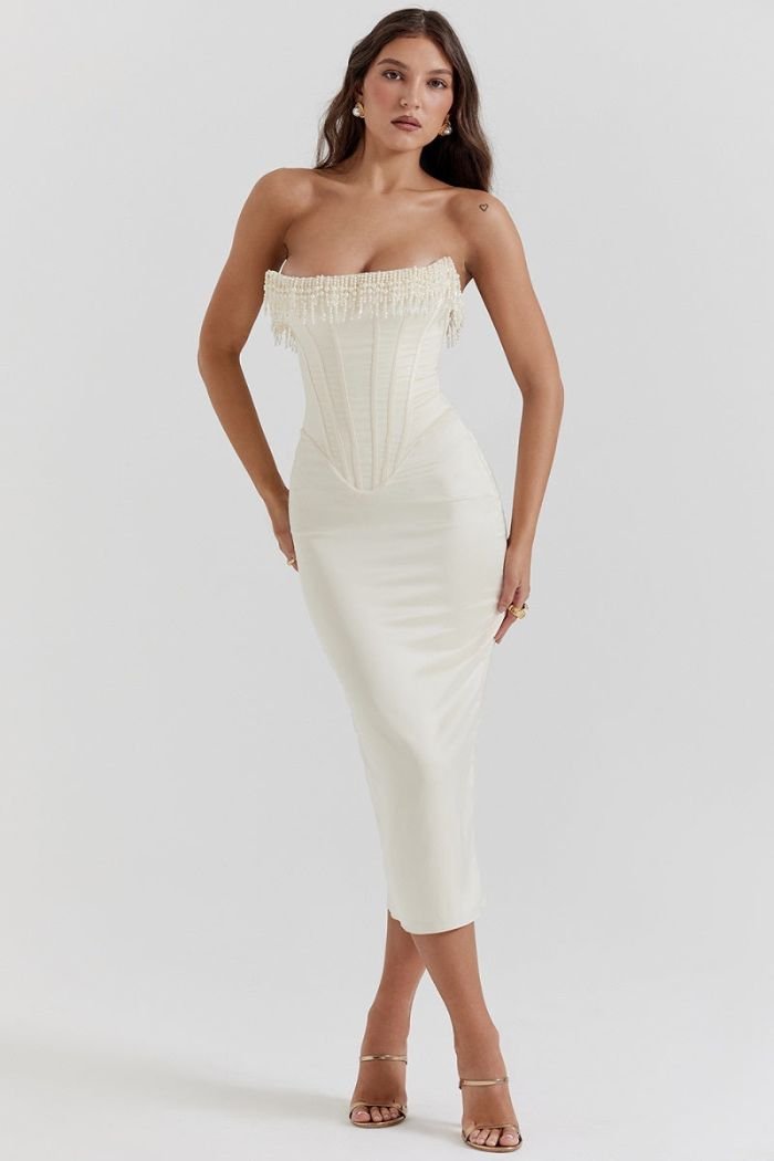Camille | Women’s Strapless Midi Dress | Fringe Trim Corset Wedding Guest Wear-Women Dress-Eltrendio