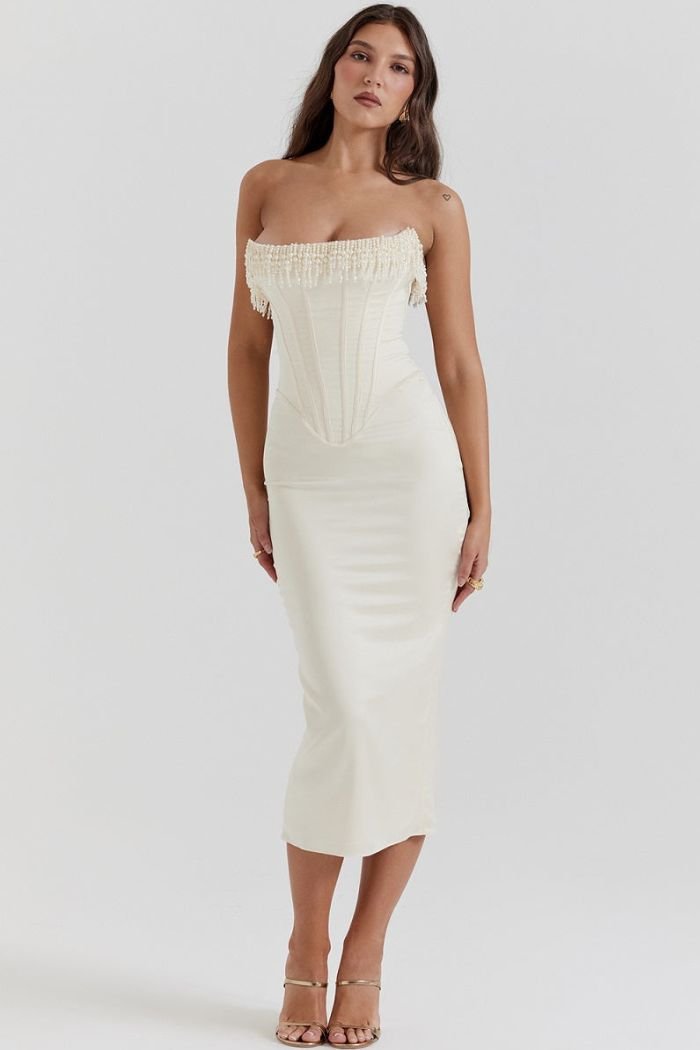 Camille | Women’s Strapless Midi Dress | Fringe Trim Corset Wedding Guest Wear-Women Dress-Eltrendio