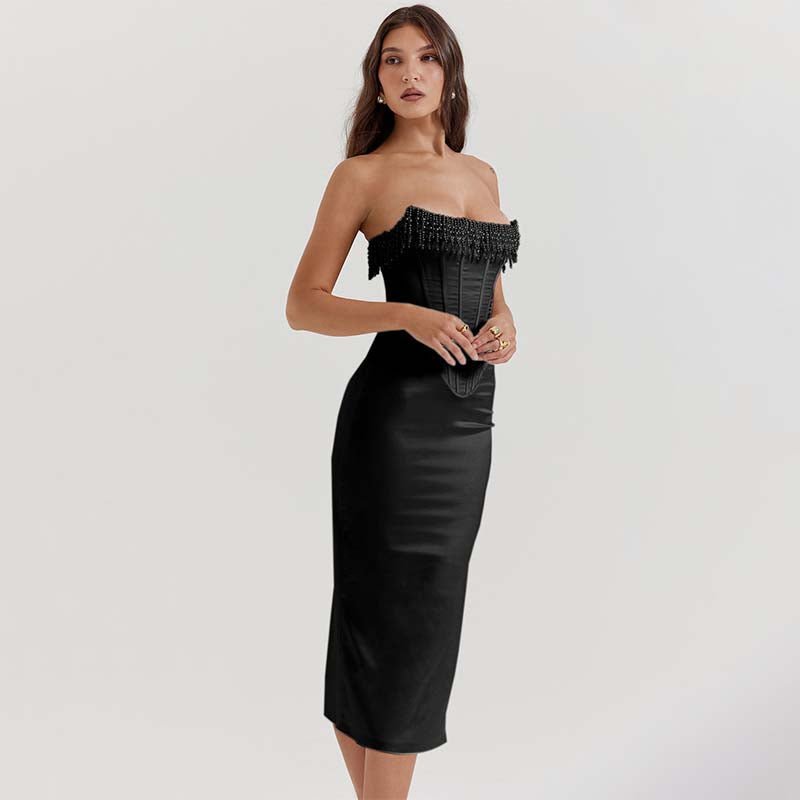 Camille | Women’s Strapless Midi Dress | Fringe Trim Corset Wedding Guest Wear-Women Dress-Eltrendio