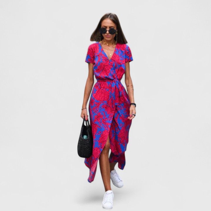 Cecilia | Women's Printed Wrap Midi Dress | Tie Waist City Break Dress-Women Dress-Eltrendio