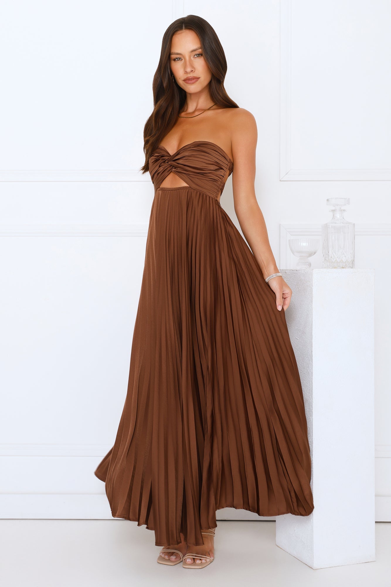 Amber | Strapless Satin Pleated Maxi Dress