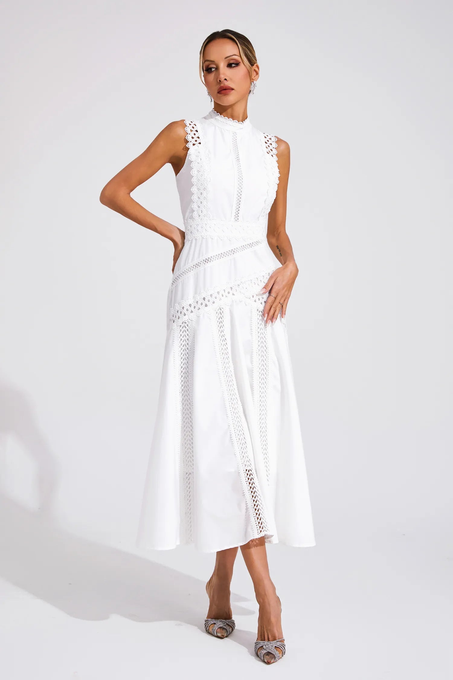 Lily | Women's Sleeveless Lace Midi Wedding Guest Dress - Image 2