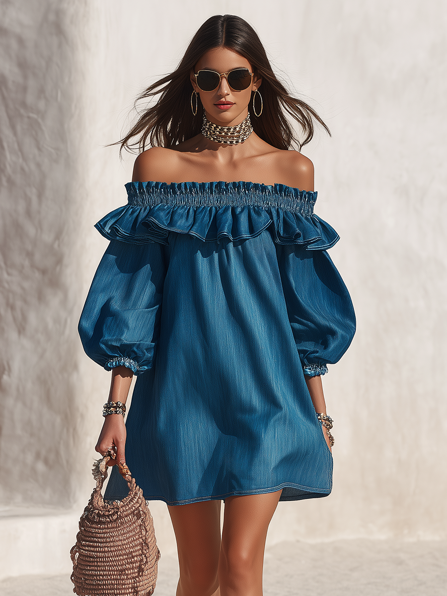Billie | Off-Shoulder Ruffle Sleeve Denim Mini Dress - Image 4
