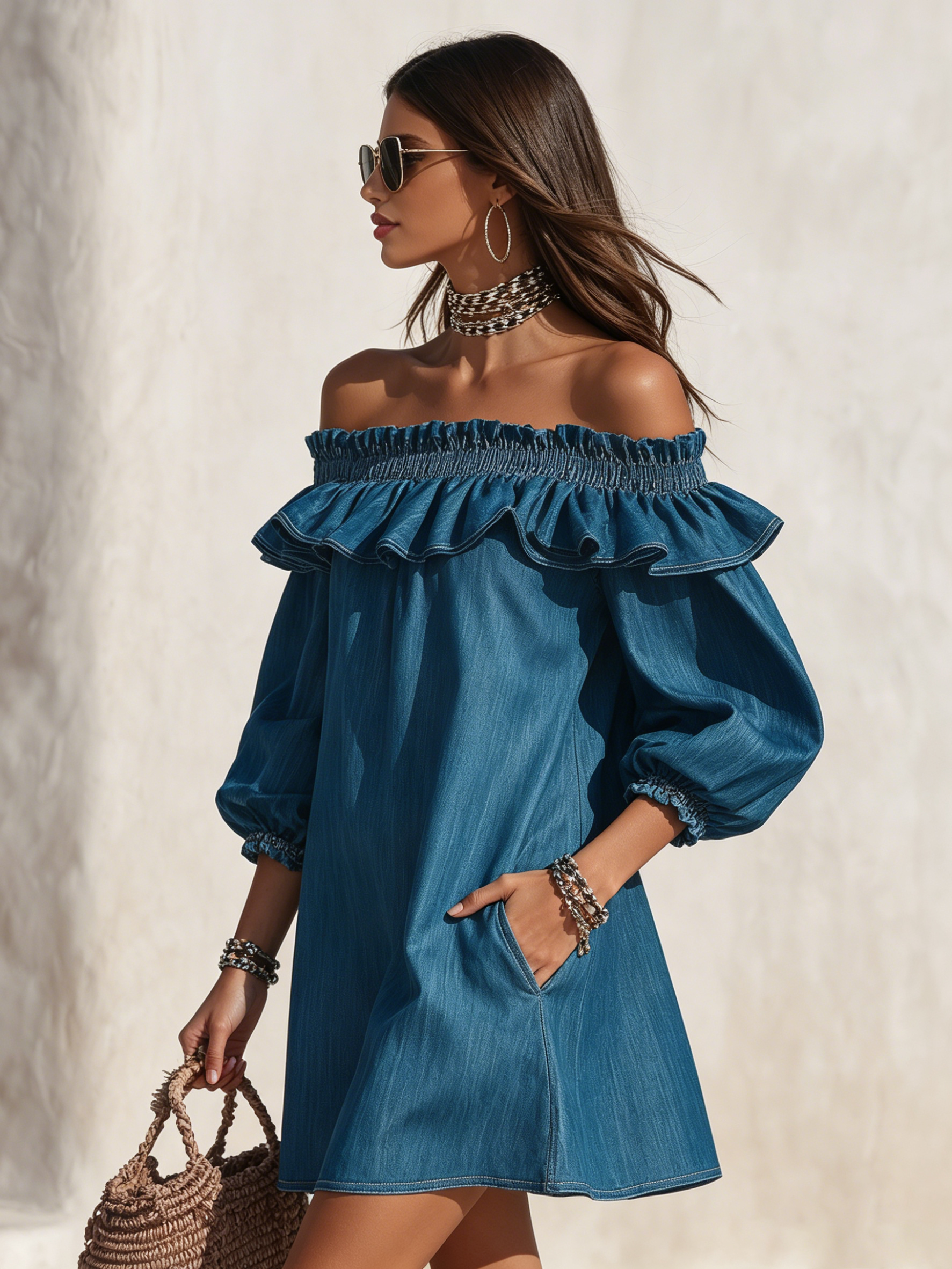 Billie | Off-Shoulder Ruffle Sleeve Denim Mini Dress - Image 2