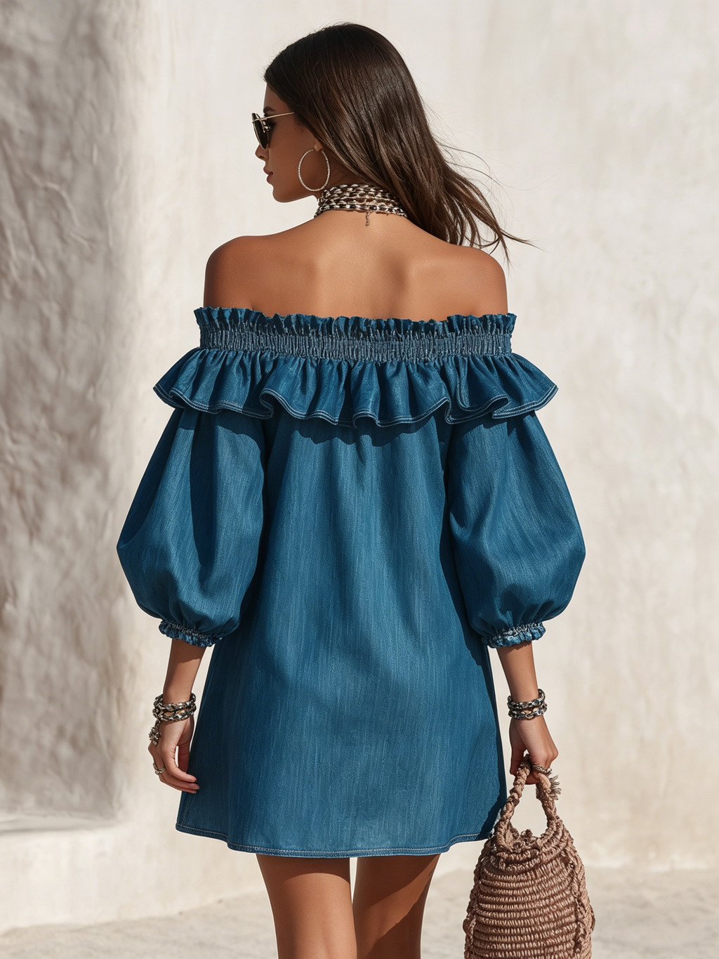 Billie | Off-Shoulder Ruffle Sleeve Denim Mini Dress - Image 3