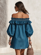 Billie | Off-Shoulder Ruffle Sleeve Denim Mini Dress - Image 3