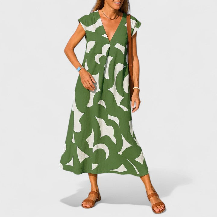 Dorothy | Women's Geometric Print Maxi Dress | V Neck Holiday Sightseeing Dress-Women Dress-Eltrendio