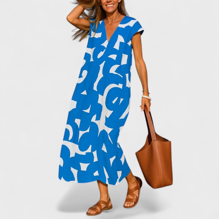 Dorothy | Women's Geometric Print Maxi Dress | V Neck Holiday Sightseeing Dress-Women Dress-Eltrendio