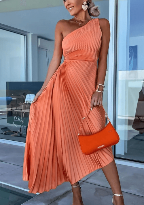 Eleanor | Women's Pleated Midi Dress | One Shoulder Asymmetric Hem Formal Party-Women Dress-Eltrendio