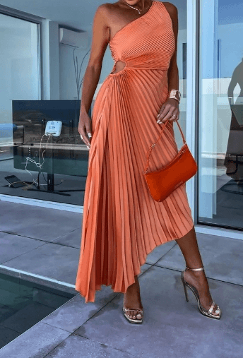 Eleanor | Women's Pleated Midi Dress | One Shoulder Asymmetric Hem Formal Party-Women Dress-Eltrendio