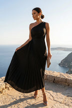 Eleanor | Women's Pleated Midi Dress | One Shoulder Asymmetric Hem Formal Party