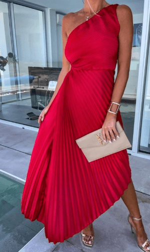 Eleanor | Women's Pleated Midi Dress | One Shoulder Asymmetric Hem Formal Party-Women Dress-Eltrendio