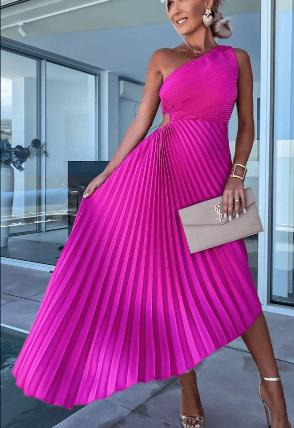 Eleanor | Women's Pleated Midi Dress | One Shoulder Asymmetric Hem Formal Party-Women Dress-Eltrendio