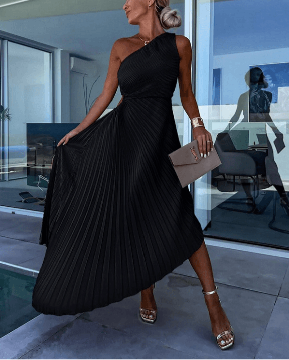 Eleanor | Women's Pleated Midi Dress | One Shoulder Asymmetric Hem Formal Party-Women Dress-Eltrendio
